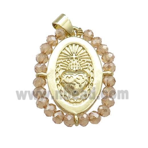 Sacred Heart Charms Copper Oval Pendant With Crystal Glass Wire Wrapped Gold Plated
