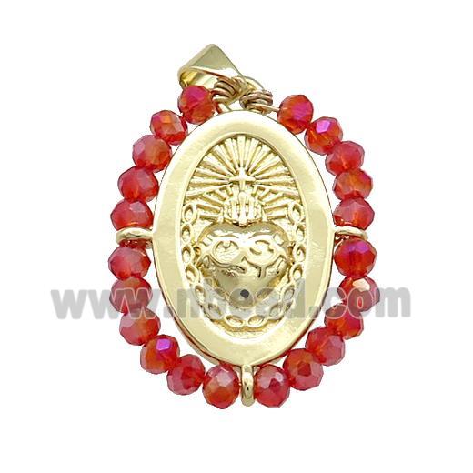Sacred Heart Charms Copper Oval Pendant With Red Crystal Glass Wire Wrapped Gold Plated