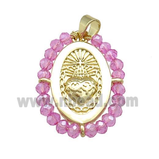 Sacred Heart Charms Copper Oval Pendant With Hotpink Crystal Glass Wire Wrapped Gold Plated