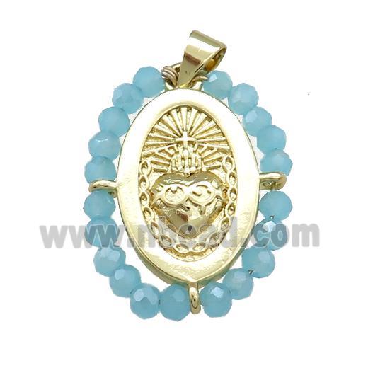 Sacred Heart Charms Copper Oval Pendant With Blue Crystal Glass Wire Wrapped Gold Plated