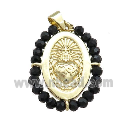 Sacred Heart Charms Copper Oval Pendant With Black Crystal Glass Wire Wrapped Gold Plated