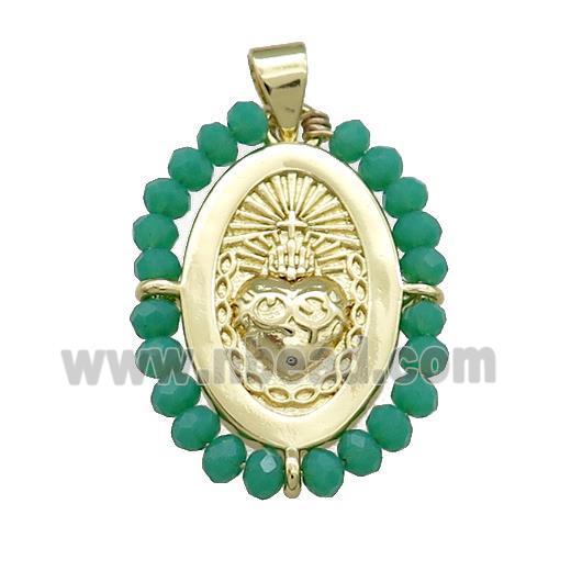 Sacred Heart Charms Copper Oval Pendant With Green Crystal Glass Wire Wrapped Gold Plated