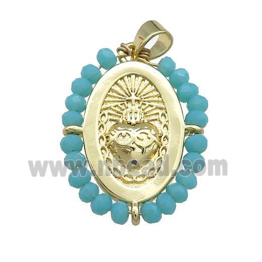 Sacred Heart Charms Copper Oval Pendant With Teal Crystal Glass Wire Wrapped Gold Plated