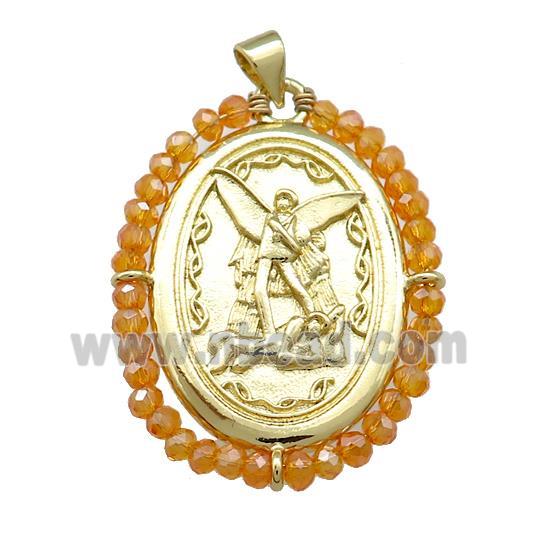 Fairy Charms Copper Oval Pendant With Orange Crystal Glass Wire Wrapped Gold Plated
