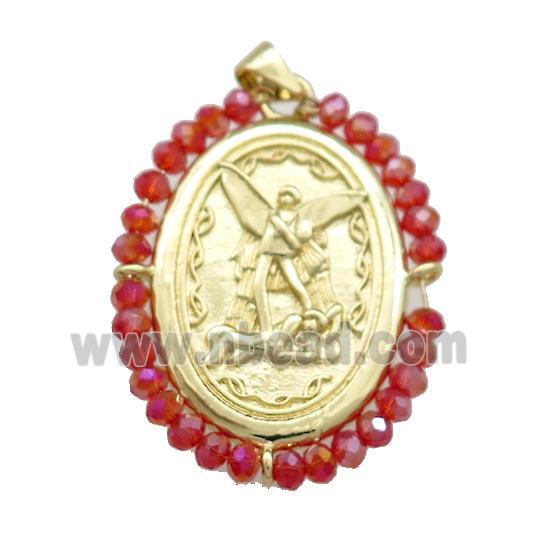 Fairy Charms Copper Oval Pendant With Red Crystal Glass Wire Wrapped Gold Plated