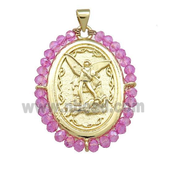 Fairy Charms Copper Oval Pendant With Hotpink Crystal Glass Wire Wrapped Gold Plated