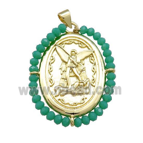 Fairy Charms Copper Oval Pendant With Green Crystal Glass Wire Wrapped Gold Plated