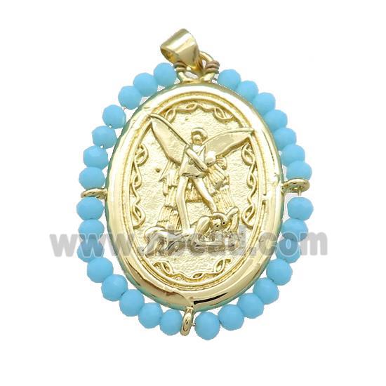 Fairy Charms Copper Oval Pendant With Blue Crystal Glass Wire Wrapped Gold Plated