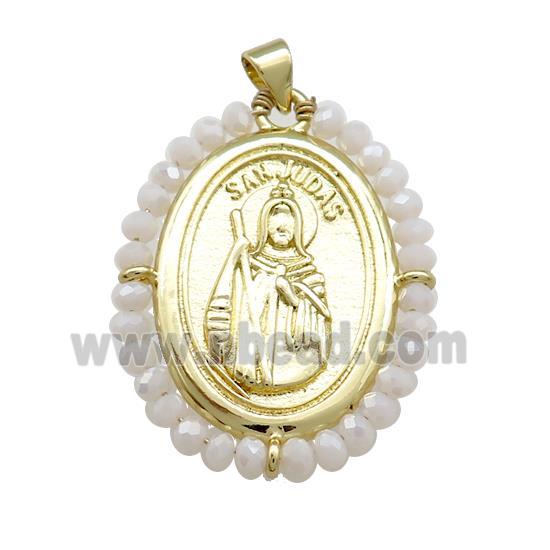 Saint Jude Charms Copper Medal Pendant With White Crystal Glass Wire Wrapped Oval Gold Plated