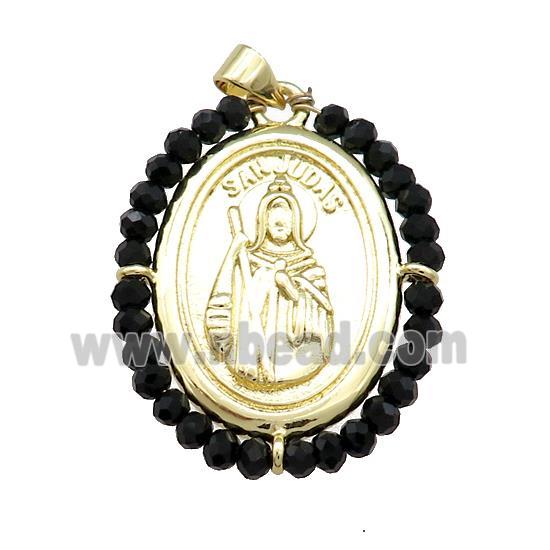 Saint Jude Charms Copper Medal Pendant With Black Crystal Glass Wire Wrapped Oval Gold Plated