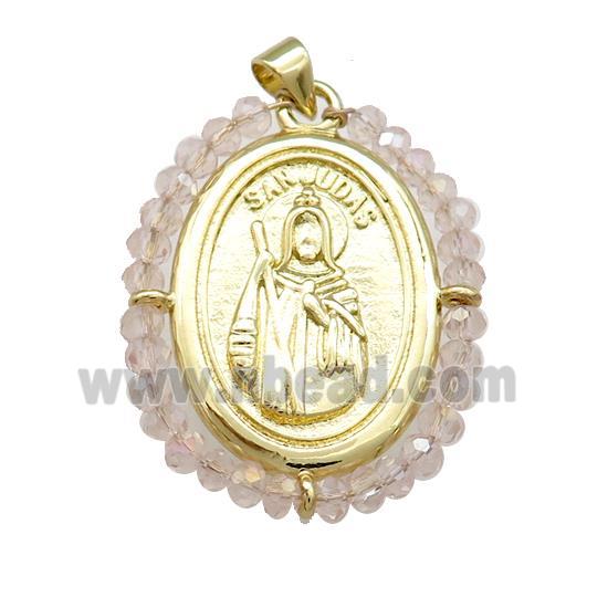Saint Jude Charms Copper Medal Pendant With Crystal Glass Wire Wrapped Oval Gold Plated
