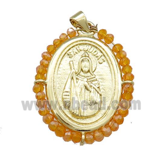 Saint Jude Charms Copper Medal Pendant With Orange Crystal Glass Wire Wrapped Oval Gold Plated