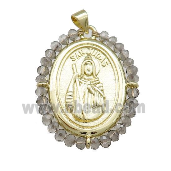 Saint Jude Charms Copper Medal Pendant With Smoky Crystal Glass Wire Wrapped Oval Gold Plated
