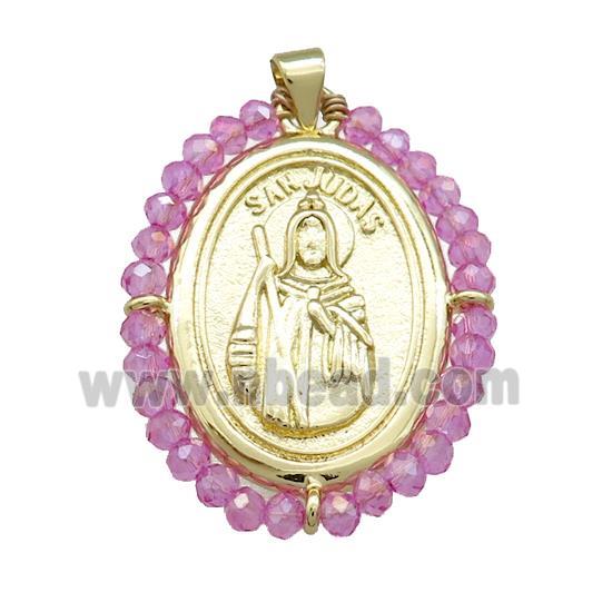 Saint Jude Charms Copper Medal Pendant With Hotpink Crystal Glass Wire Wrapped Oval Gold Plated
