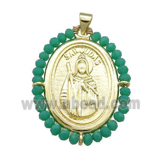 Saint Jude Charms Copper Medal Pendant With Green Crystal Glass Wire Wrapped Oval Gold Plated
