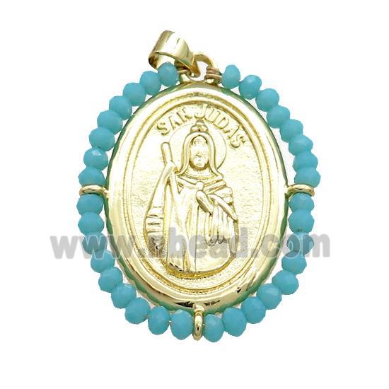 Saint Jude Charms Copper Medal Pendant With Teal Crystal Glass Wire Wrapped Oval Gold Plated