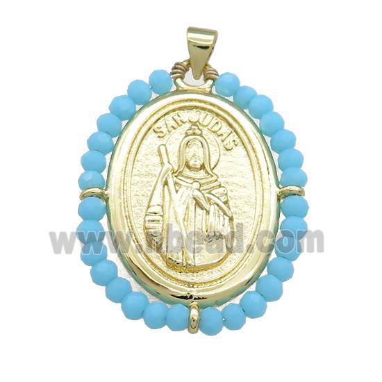 Saint Jude Charms Copper Medal Pendant With Blue Crystal Glass Wire Wrapped Oval Gold Plated
