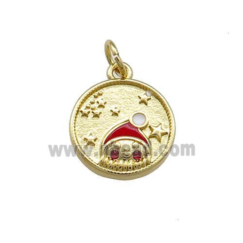 Christmas Santa Claus Charms Copper Circle Pendant Red Enamel Gold Plated