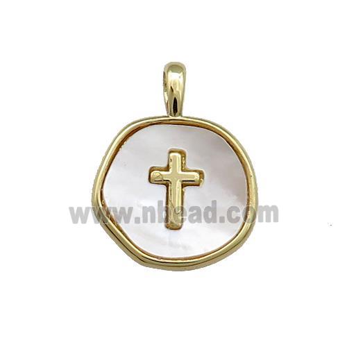 Copper Circle Pendant Pave Shell Cross Gold Plated