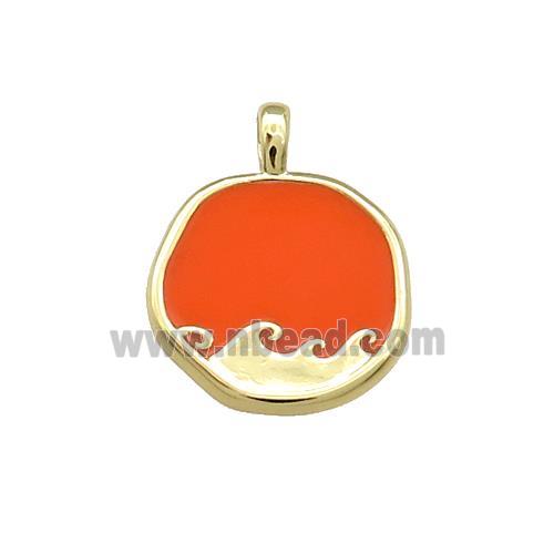 Copper Circle Pendant Surf Orange Enamel Gold Plated