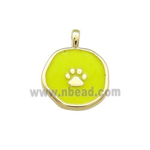 Copper Circle Pendant Paw Yellow Enamel Gold Plated