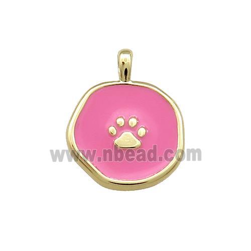 Copper Circle Pendant Paw Pink Enamel Gold Plated