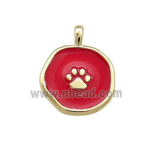 Copper Circle Pendant Paw Red Enamel Gold Plated