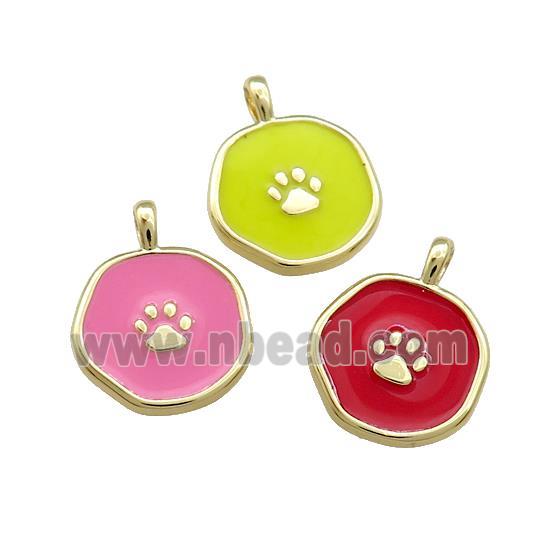 Copper Circle Pendant Paw Enamel Gold Plated Mixed Color