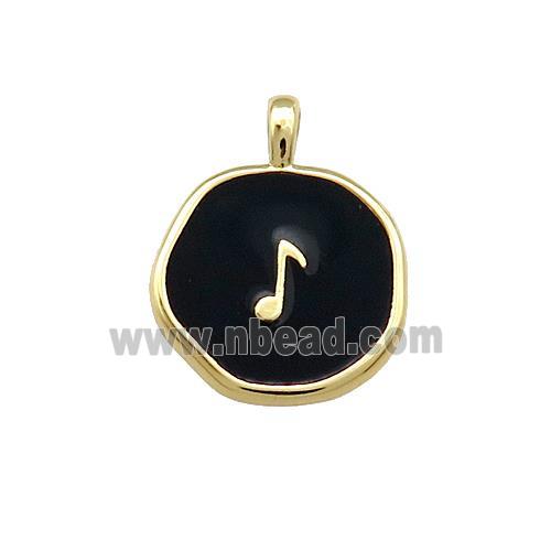 Copper Circle Pendant Musical Note Symbols Black Enamel Gold Plated