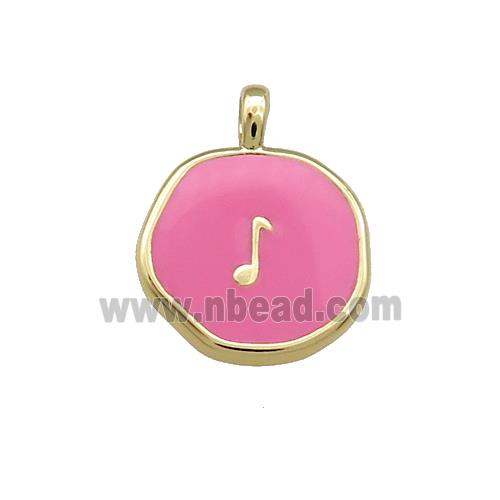 Copper Circle Pendant Musical Note Symbols Pink Enamel Gold Plated