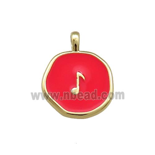 Copper Circle Pendant Musical Note Symbols Red Enamel Gold Plated