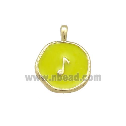 Copper Circle Pendant Musical Note Symbols Olive Enamel Gold Plated