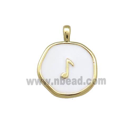 Copper Circle Pendant Musical Note Symbols White Enamel Gold Plated