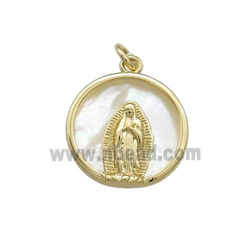 Virgin Mary Charms Copper Circle Pendant Pave Shell Religious Gold Plated
