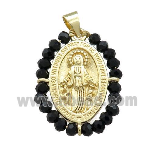 Virgin Mary Charms Copper Medal Pendant With Black Crystal Glass Wire Wrapped Oval Gold Plated