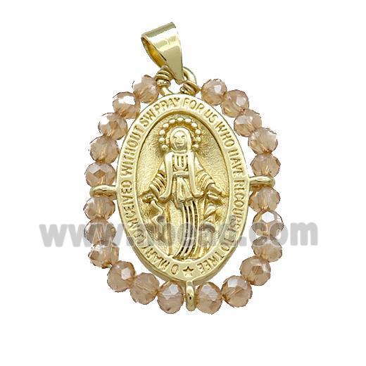 Virgin Mary Charms Copper Medal Pendant With Champagne Crystal Glass Wire Wrapped Oval Gold Plated