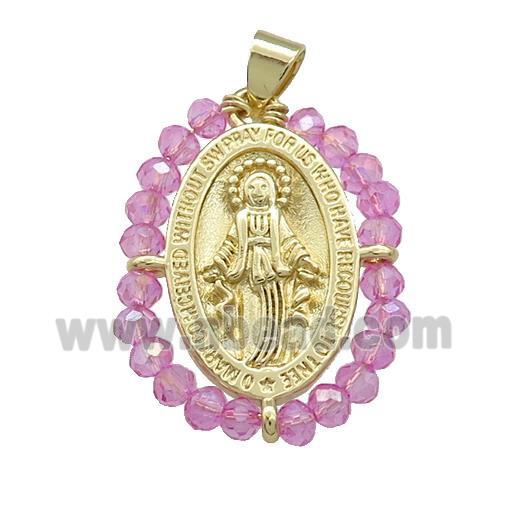 Virgin Mary Charms Copper Medal Pendant With Hotpink Crystal Glass Wire Wrapped Oval Gold Plated
