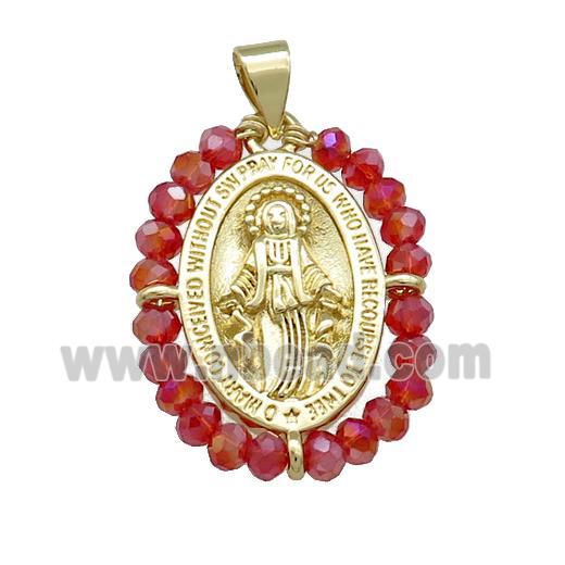 Virgin Mary Charms Copper Medal Pendant With Red Crystal Glass Wire Wrapped Oval Gold Plated