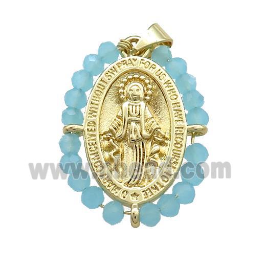 Virgin Mary Charms Copper Medal Pendant With Blue Crystal Glass Wire Wrapped Oval Gold Plated