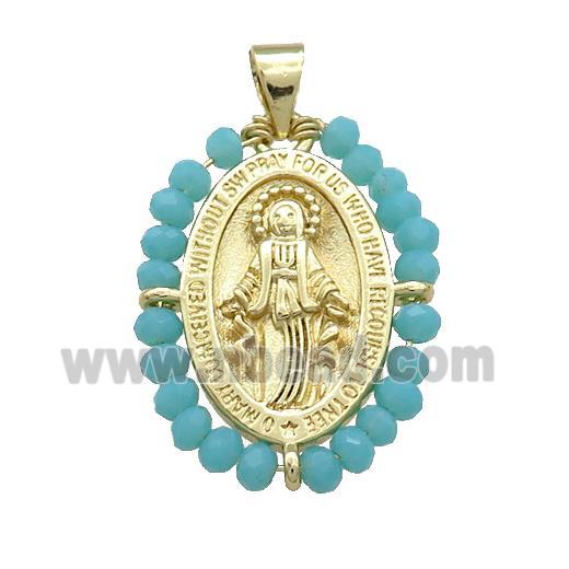 Virgin Mary Charms Copper Medal Pendant With Teal Crystal Glass Wire Wrapped Oval Gold Plated