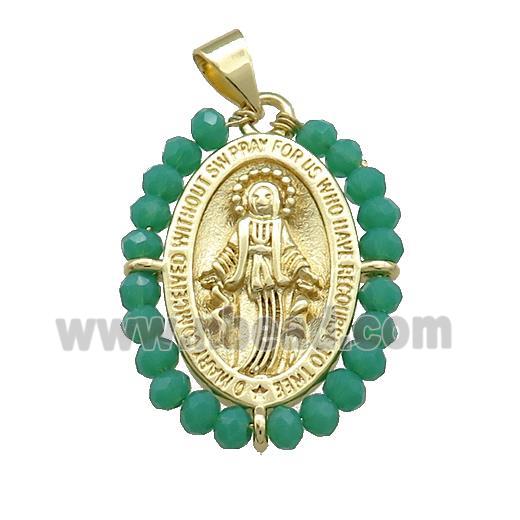 Virgin Mary Charms Copper Medal Pendant With Green Crystal Glass Wire Wrapped Oval Gold Plated