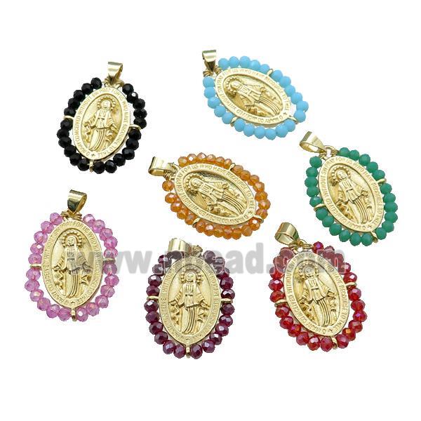 Virgin Mary Charms Copper Medal Pendant With Crystal Glass Wire Wrapped Oval Religious Gold Plated M