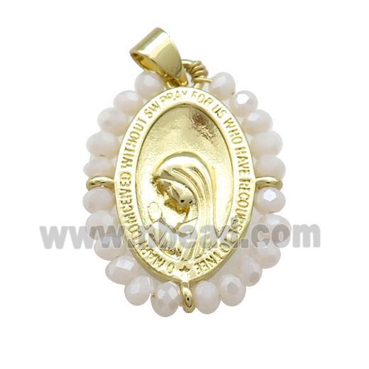 Virgin Mary Charms Copper Medal Pendant With White Crystal Glass Wire Wrapped Oval Gold Plated