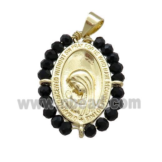 Virgin Mary Charms Copper Medal Pendant With Black Crystal Glass Wire Wrapped Oval Gold Plated