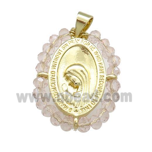 Virgin Mary Charms Copper Medal Pendant With Champagne Crystal Glass Wire Wrapped Oval Gold Plated