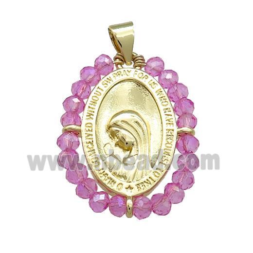 Virgin Mary Charms Copper Medal Pendant With Hotpink Crystal Glass Wire Wrapped Oval Gold Plated