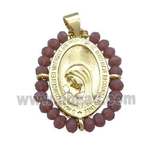 Virgin Mary Charms Copper Medal Pendant With Crystal Glass Wire Wrapped Oval Gold Plated