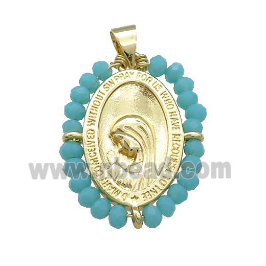 Virgin Mary Charms Copper Medal Pendant With Teal Crystal Glass Wire Wrapped Oval Gold Plated
