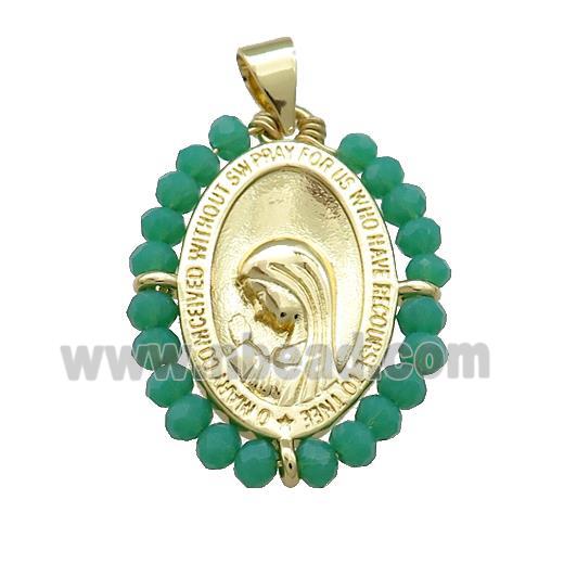 Virgin Mary Charms Copper Medal Pendant With Green Crystal Glass Wire Wrapped Oval Gold Plated