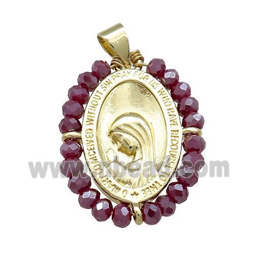 Virgin Mary Charms Copper Medal Pendant With Purple Crystal Glass Wire Wrapped Oval Gold Plated